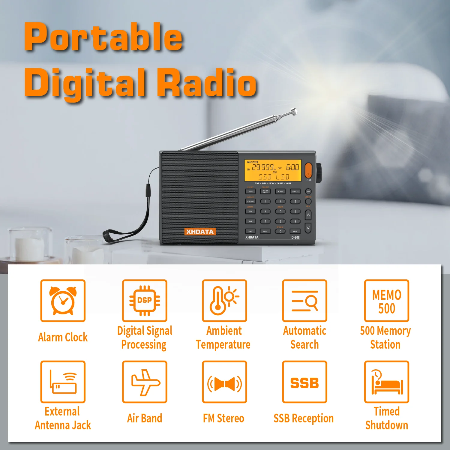 XHDATA D808 Professional AM FM SW MW AIR SSB RDS Radio - Image 6