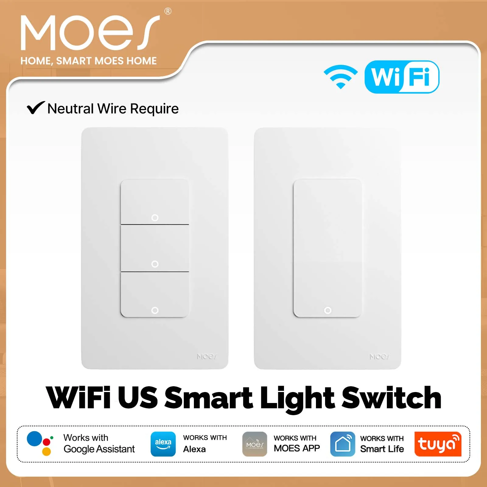 MOES Wi-Fi Smart Light Switch US Single Pole Push Button Wall Switch - Image 1